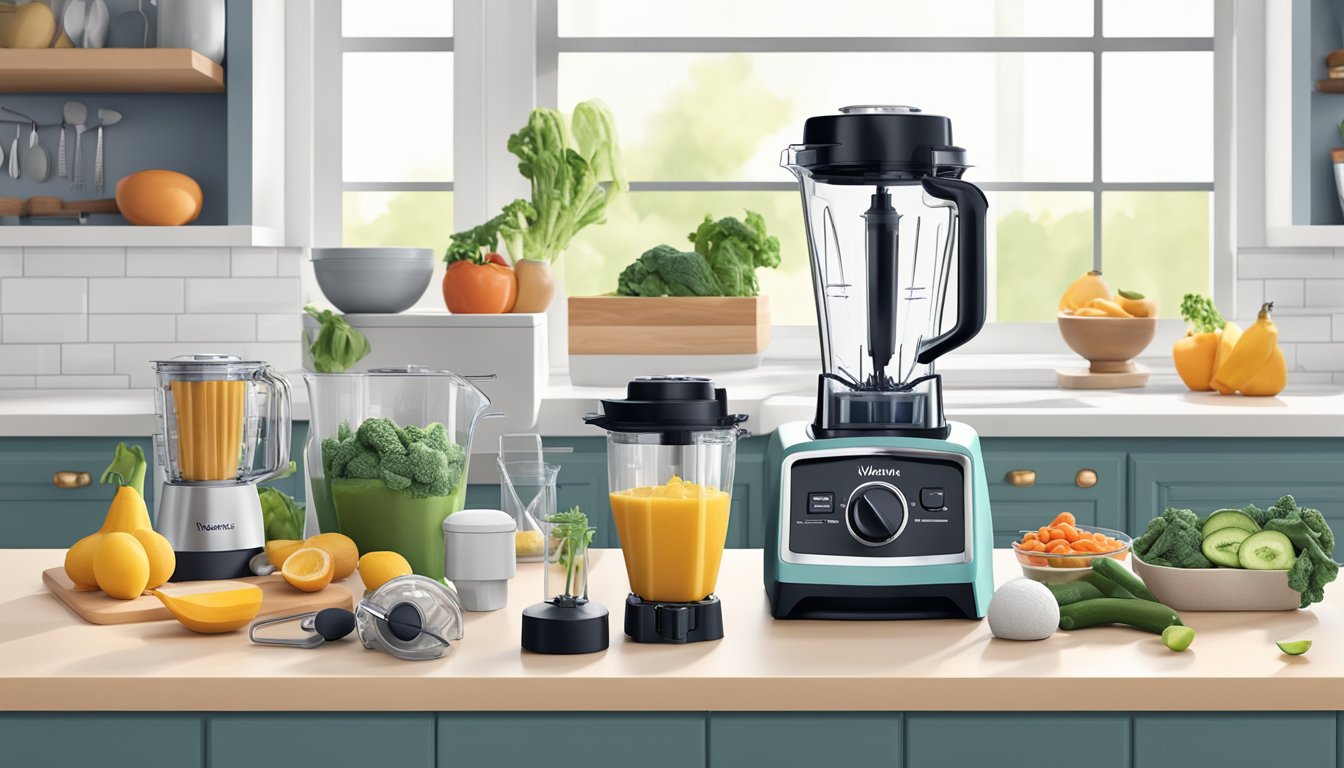 A kitchen counter with a Vitamix 5200 blender surrounded by various healthy kitchen gadgets and utensils