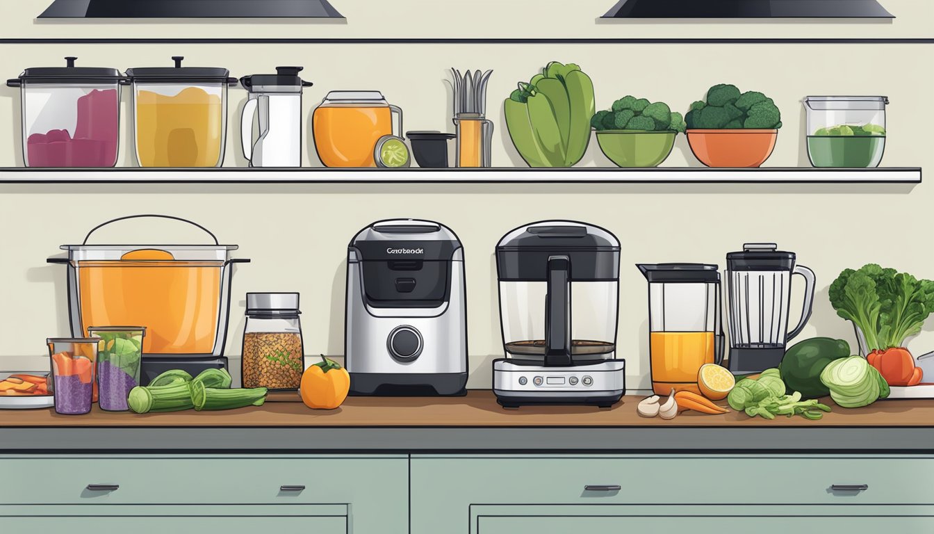 A kitchen counter with various gadgets including a George Foreman Grill, blender, and vegetable spiralizer