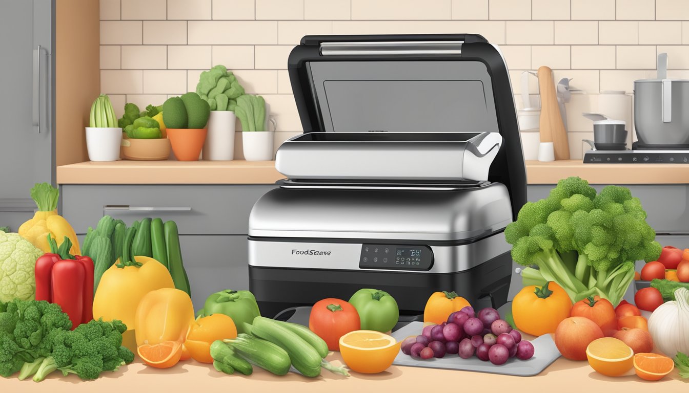 A kitchen counter with various gadgets including a FoodSaver Vacuum Sealer, surrounded by fresh fruits and vegetables