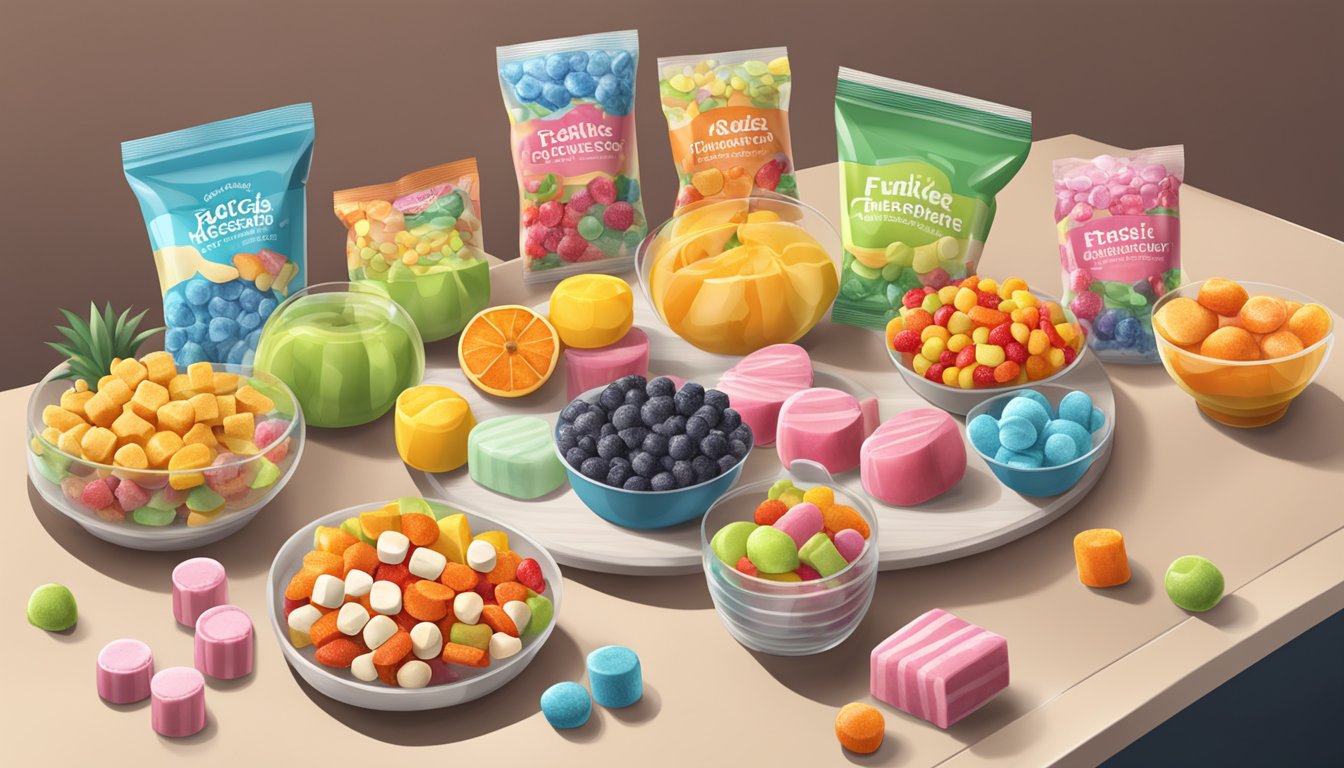 A table with a variety of packaged fruit snacks and marshmallow treats