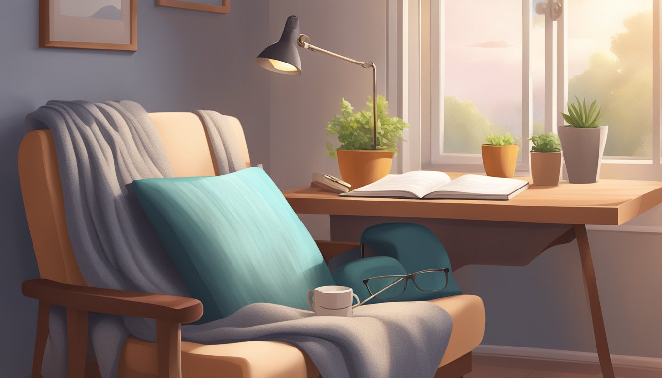 A cozy corner with a journal, pen, and weight loss injections on a table. Soft lighting and a comfortable chair create a calm and inviting atmosphere for introspection and emotional support