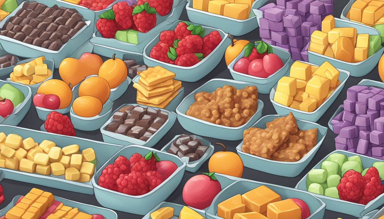 A table with packages of fruit snacks and marshmallow treats, surrounded by scattered pieces of each snack