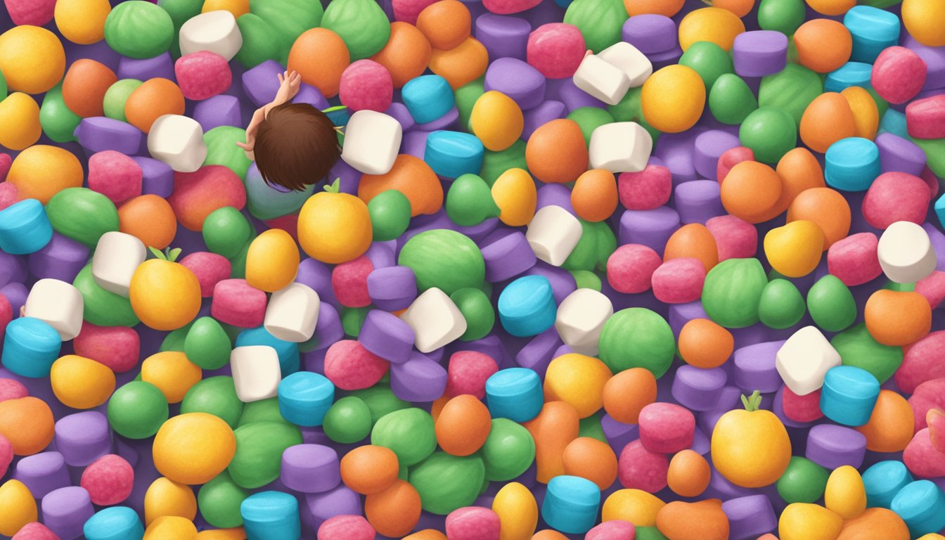 A child reaching for a colorful package of fruit snacks next to a pile of marshmallow treats