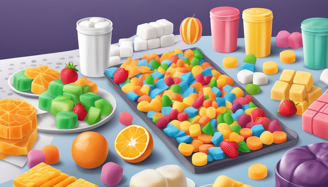 A table with colorful packaged fruit snacks on one side and marshmallow treats on the other, surrounded by market trend charts and brand logos