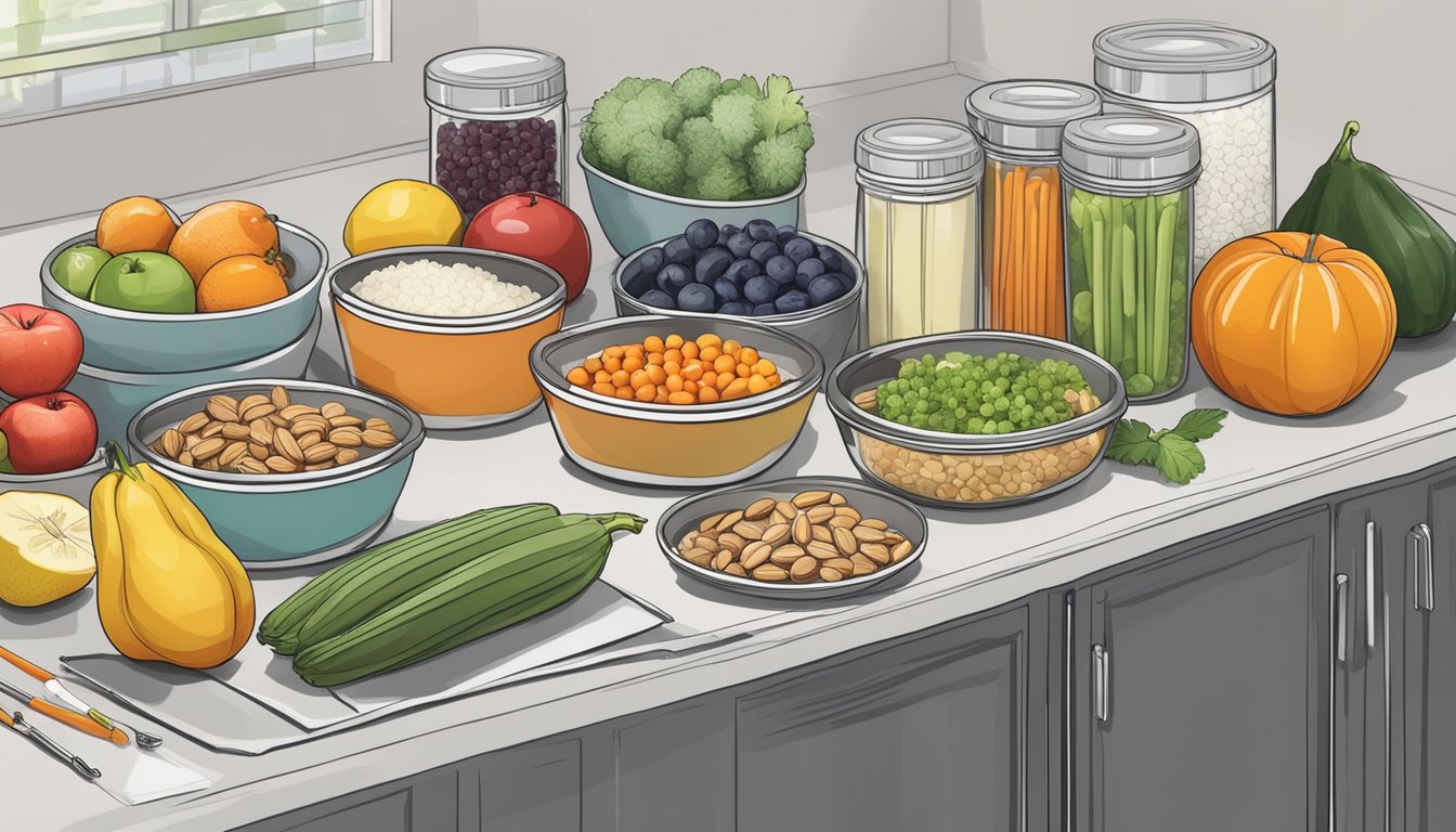 A kitchen counter with neatly organized containers of fruits, vegetables, and nuts, along with a weekly meal prep planner and syringes for weight loss injections