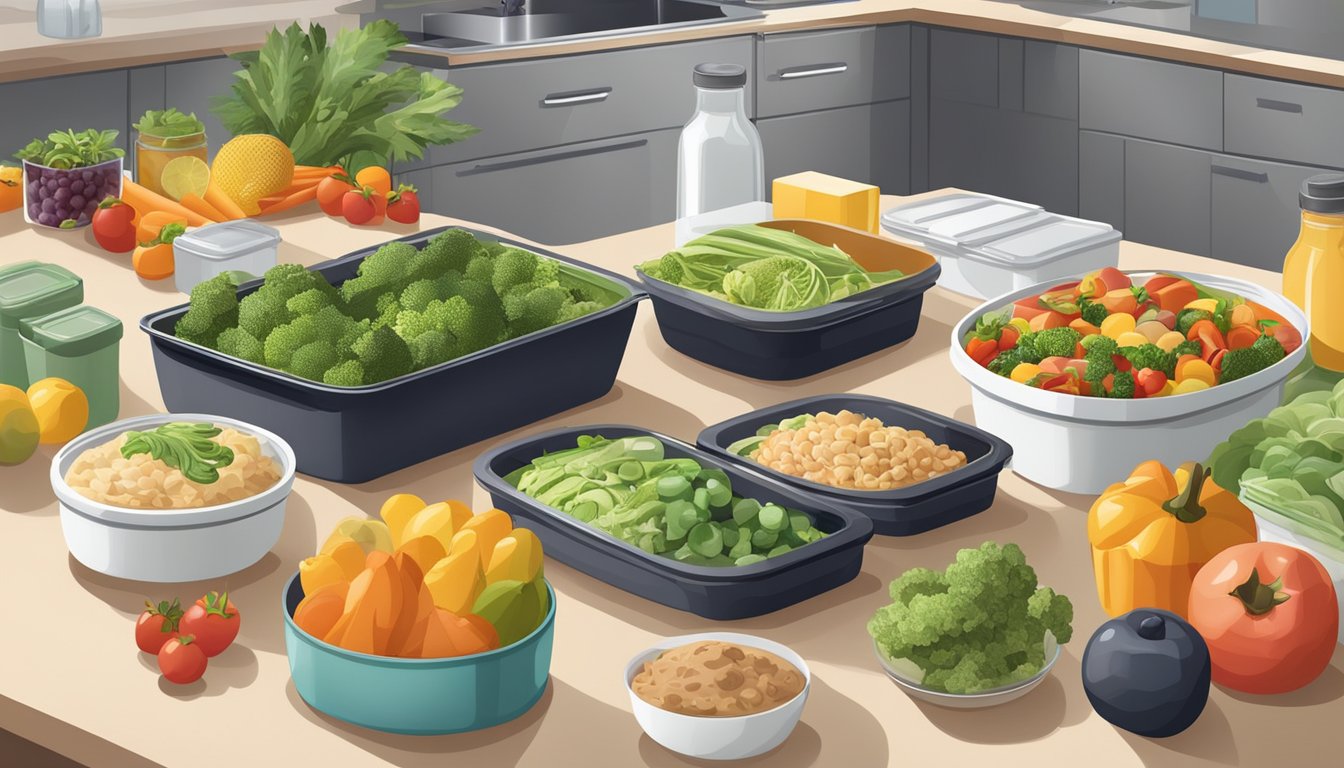 A kitchen counter with organized containers of prepped meals, surrounded by fresh fruits and vegetables