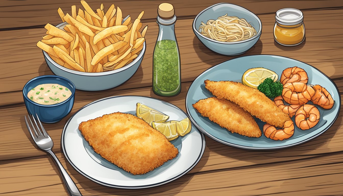 A plate of frozen fish and chips next to a bowl of shrimp scampi on a wooden table, with condiments and utensils scattered around