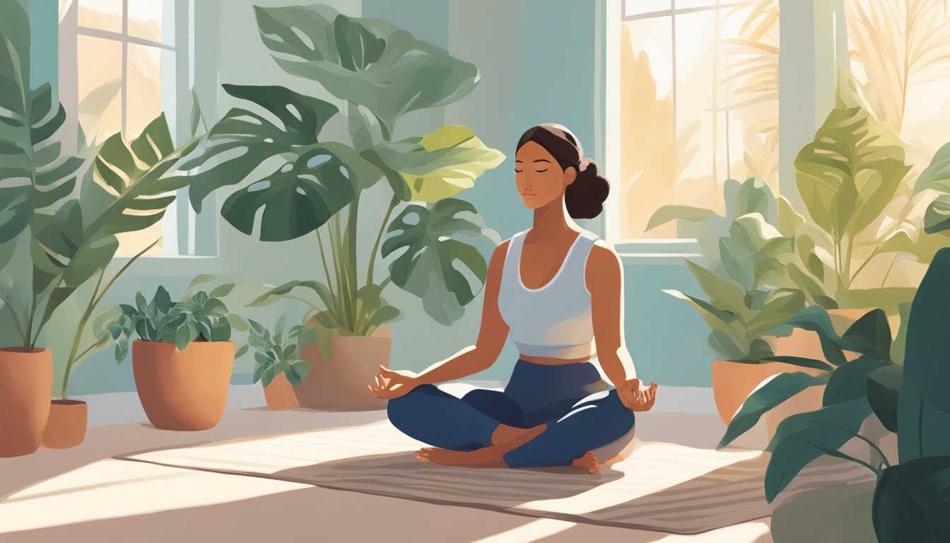 A serene figure sits cross-legged in a sunlit room, surrounded by plants and a calming color palette, meditating peacefully