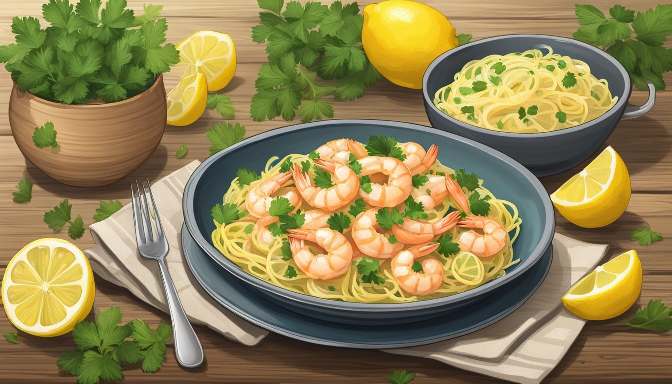 A plate of shrimp scampi sits on a rustic wooden table, surrounded by lemon wedges and garnished with fresh parsley. A fork rests beside the dish, ready to dig in