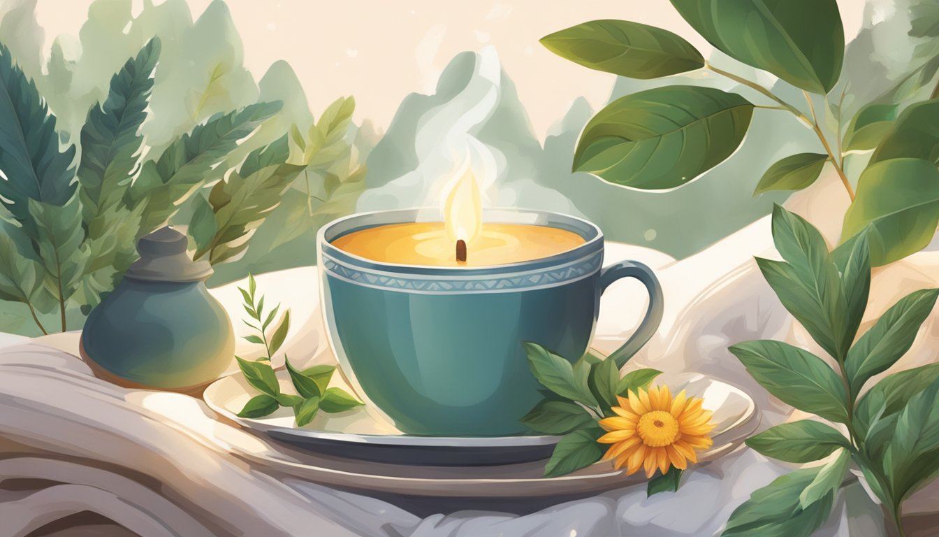 A steaming cup of herbal tea surrounded by calming elements like plants, candles, and a cozy blanket