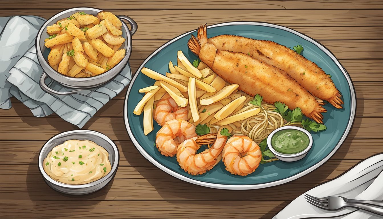 A plate with frozen fish and chips next to a dish of shrimp scampi, both on a rustic wooden table with a fork and knife on the side