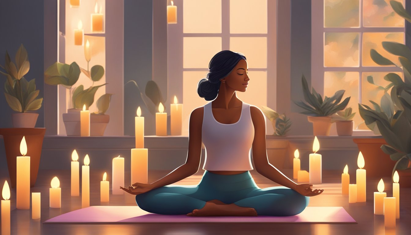 A serene figure in yoga attire, surrounded by candles and soft lighting, moves through a series of gentle poses in a peaceful, clutter-free space