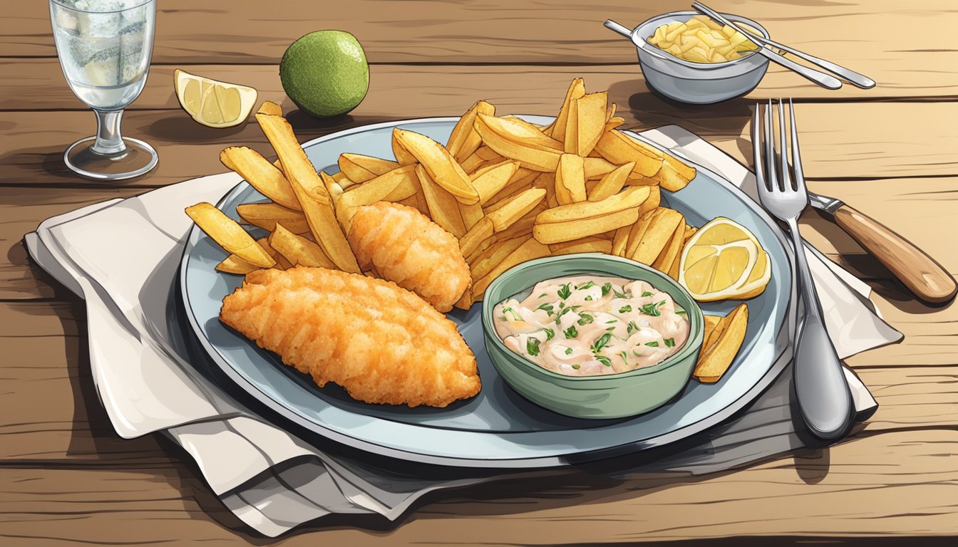 A plate of frozen fish and chips next to a bowl of shrimp scampi on a wooden table with a fork and knife