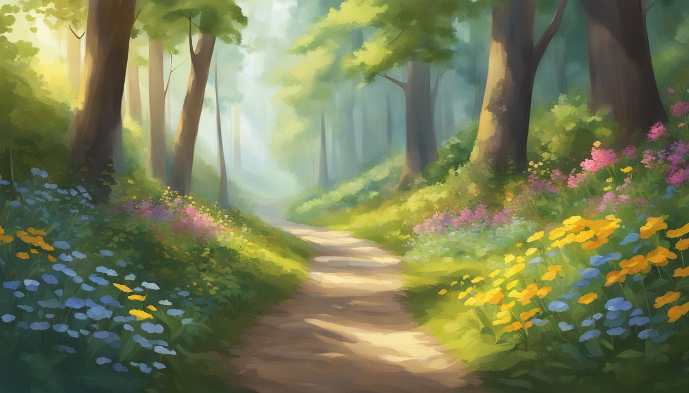 A serene forest path with dappled sunlight filtering through the trees, surrounded by lush greenery and colorful wildflowers