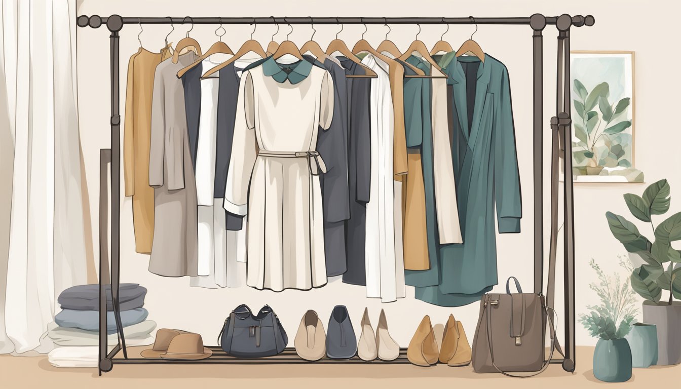 A cozy, versatile dress hanging on a sleek clothing rack surrounded by soft, neutral-colored fabrics and minimalistic accessories