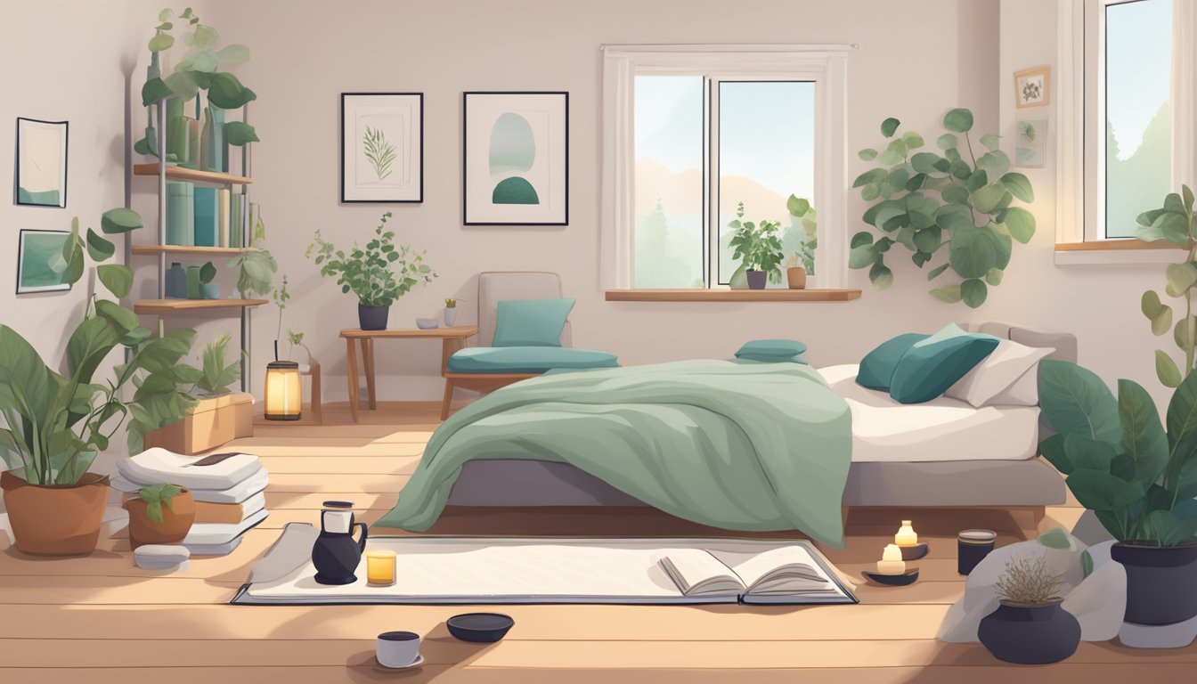 A serene, clutter-free bedroom with a yoga mat, essential oils, a journal, and a cup of herbal tea