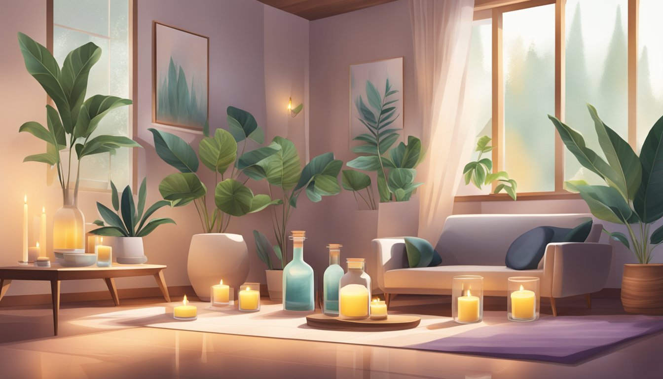 A serene room with diffusers emitting calming scents, surrounded by essential oils, candles, and soothing music