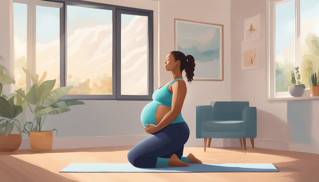 A pregnant woman peacefully practices yoga in a serene, sunlit room wearing comfortable Beyond Yoga Maternity Leggings