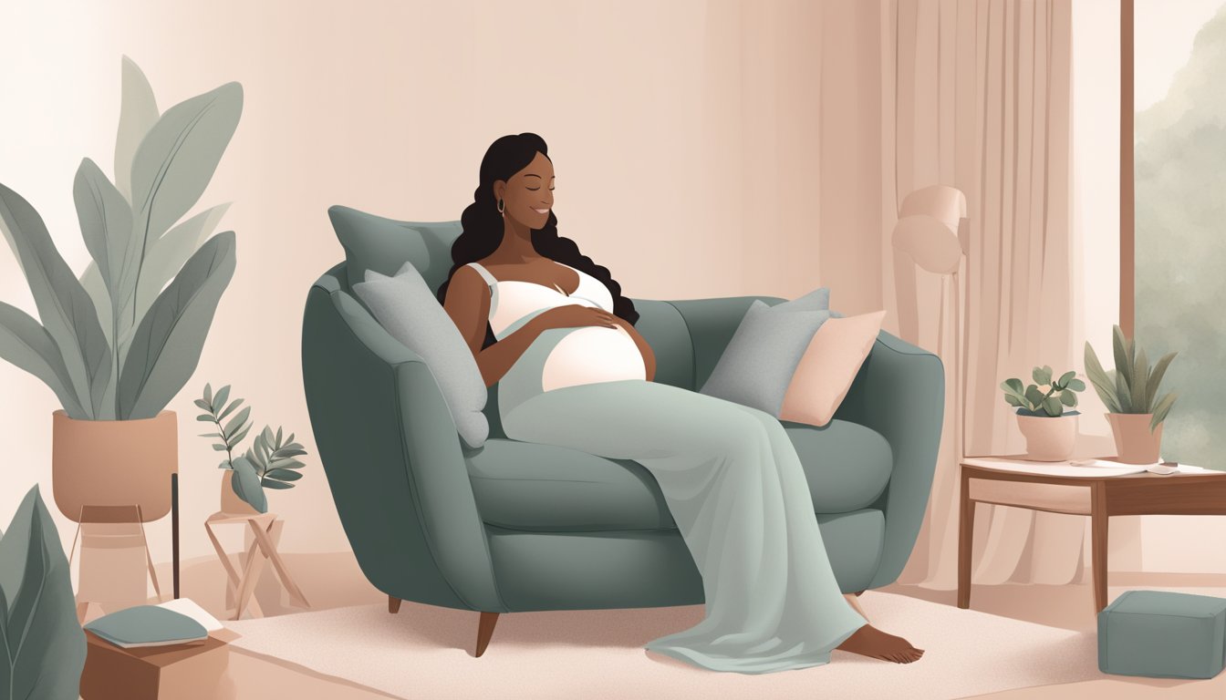 A pregnant woman peacefully lounging in a cozy chair, surrounded by soft, comfortable maternity clothing options, including the ThirdLove Maternity Bra