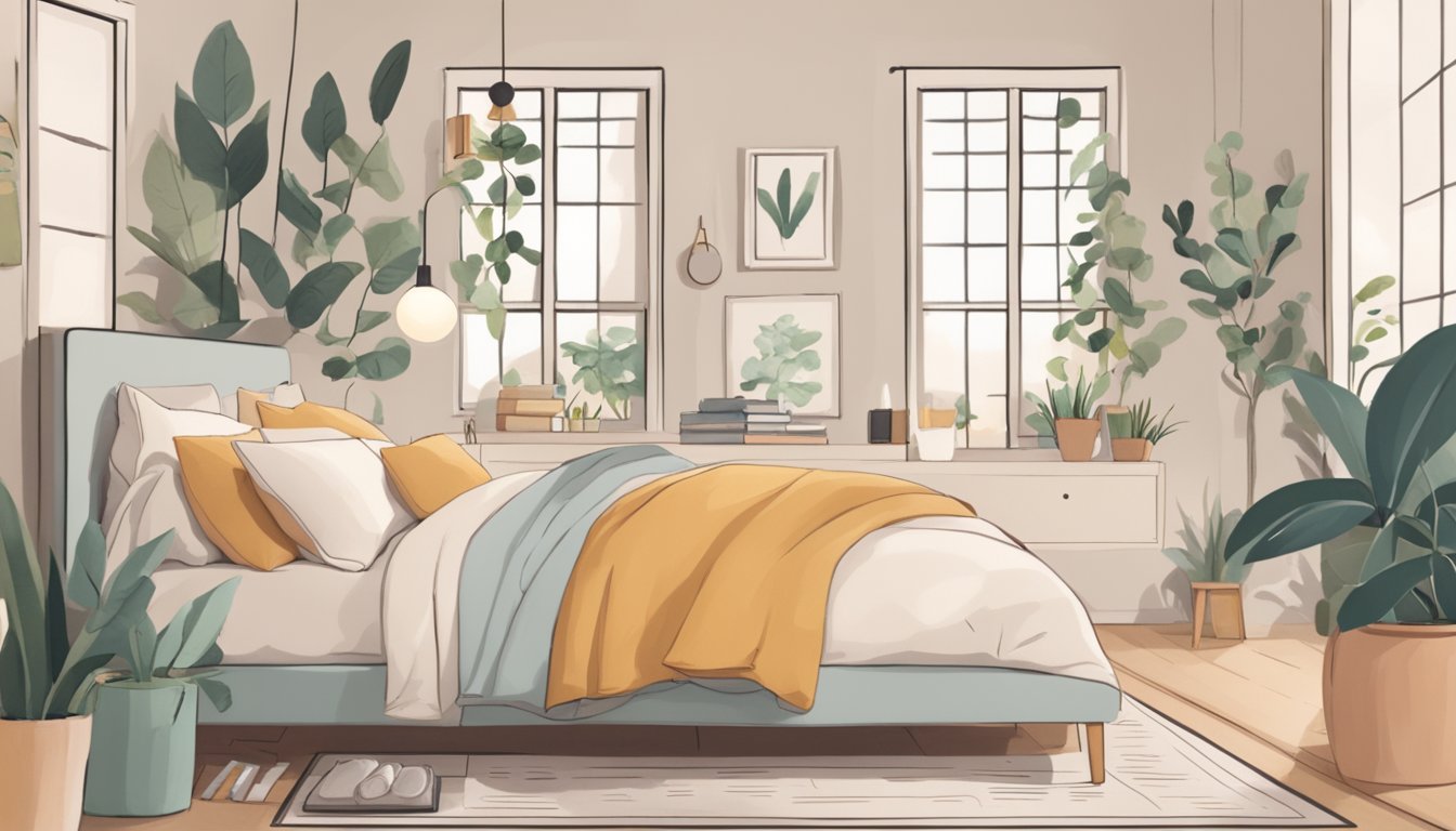 A serene bedroom with a clock showing a consistent bedtime, surrounded by self-care items like candles, plants, and a journal