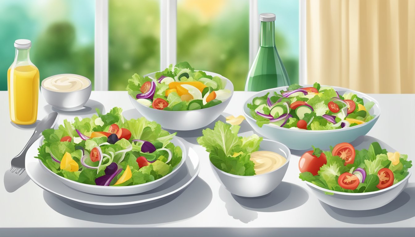 A table set with a variety of fresh salads and two bottles of dressing, one green and one creamy, with question marks above them