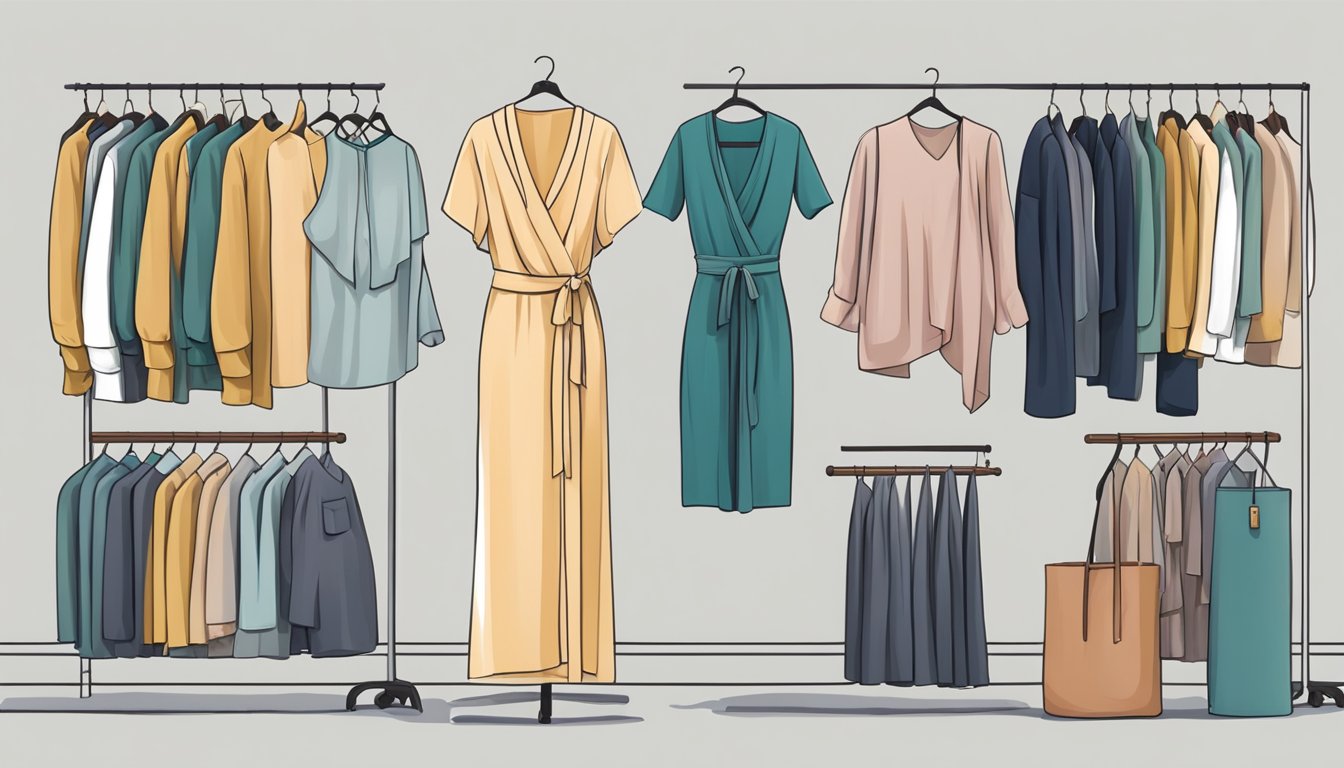 A flowing wrap dress hangs on a hanger, surrounded by other comfortable clothing options