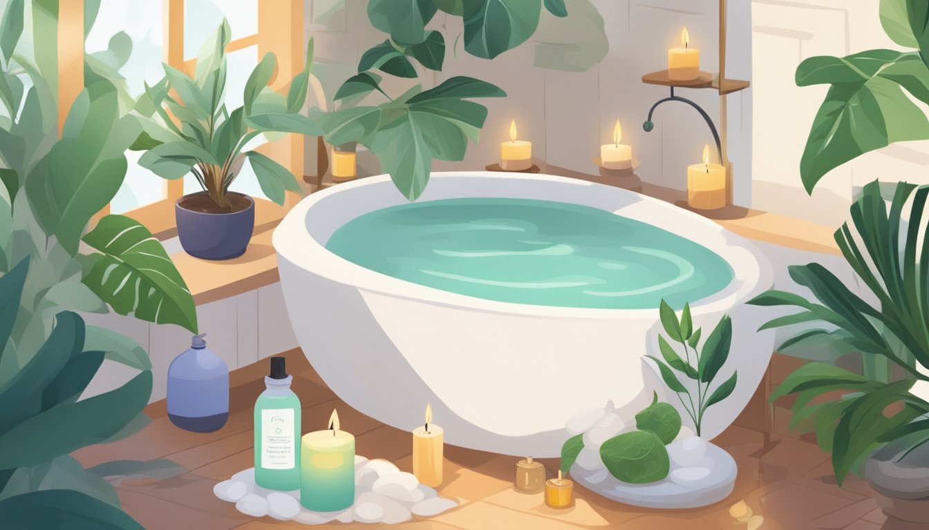 A serene bath with candles, essential oils, and bath salts, surrounded by plants and a fluffy towel