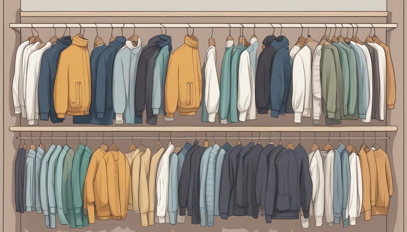 A cozy turtleneck bumpsuit hanging on a clothing rack, surrounded by other comfortable clothing options