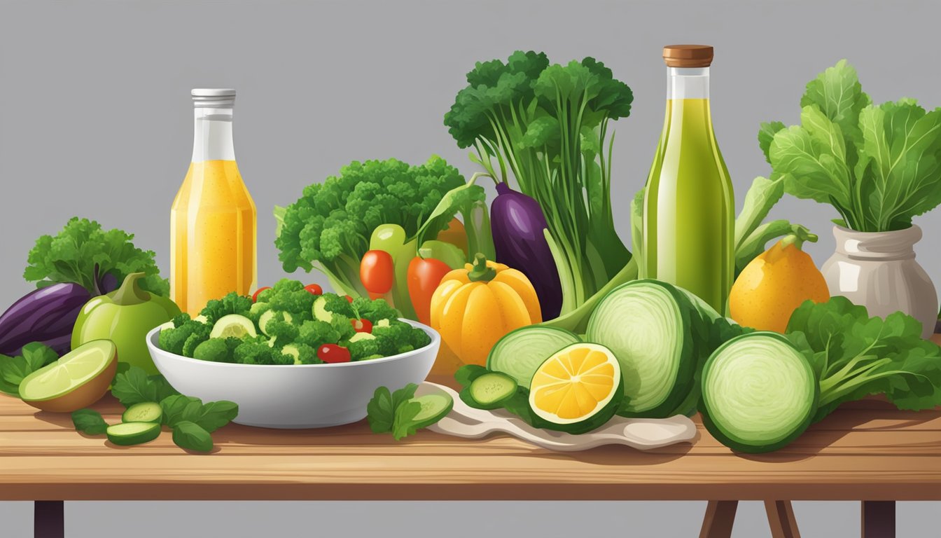 A variety of fresh green vegetables and fruits arranged on a wooden table, with two different bottles of salad dressing placed next to them