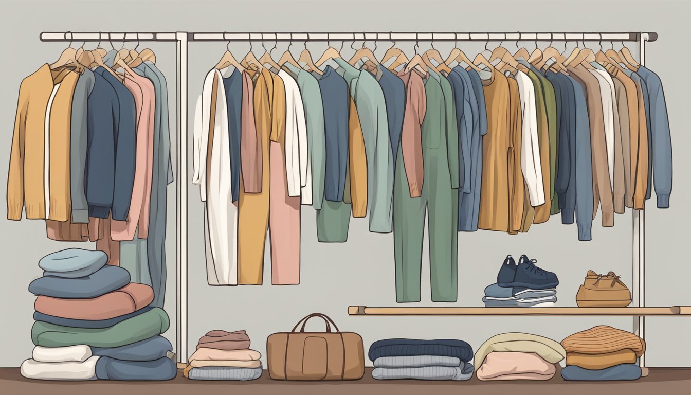 A cozy knit jumpsuit displayed on a hanger among other comfortable clothing options