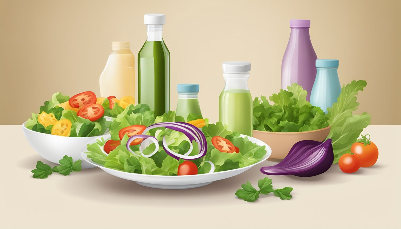 A table set with a variety of fresh salad ingredients and two bottles of dressing, one green and one creamy, with a question mark hovering above them