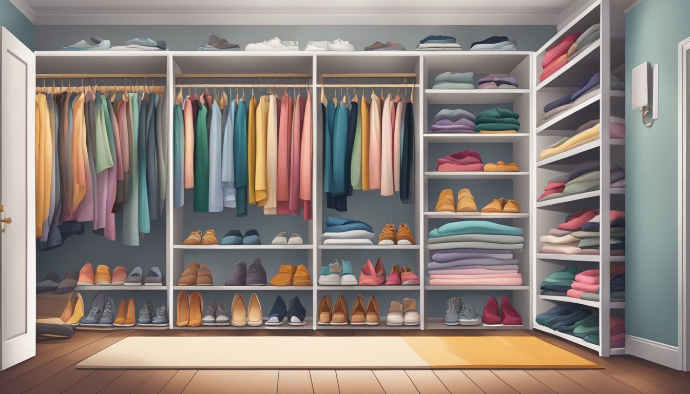 A closet filled with loose, flowing fabrics and stretchy materials in various colors and patterns, with comfortable shoes lined up neatly on the floor