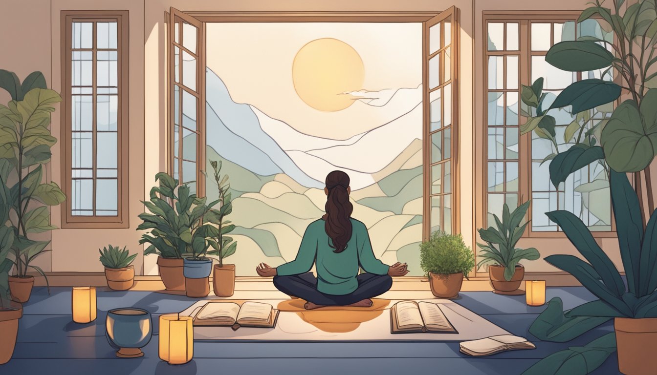 A serene setting with a person meditating, surrounded by candles, plants, and a journal for self-reflection