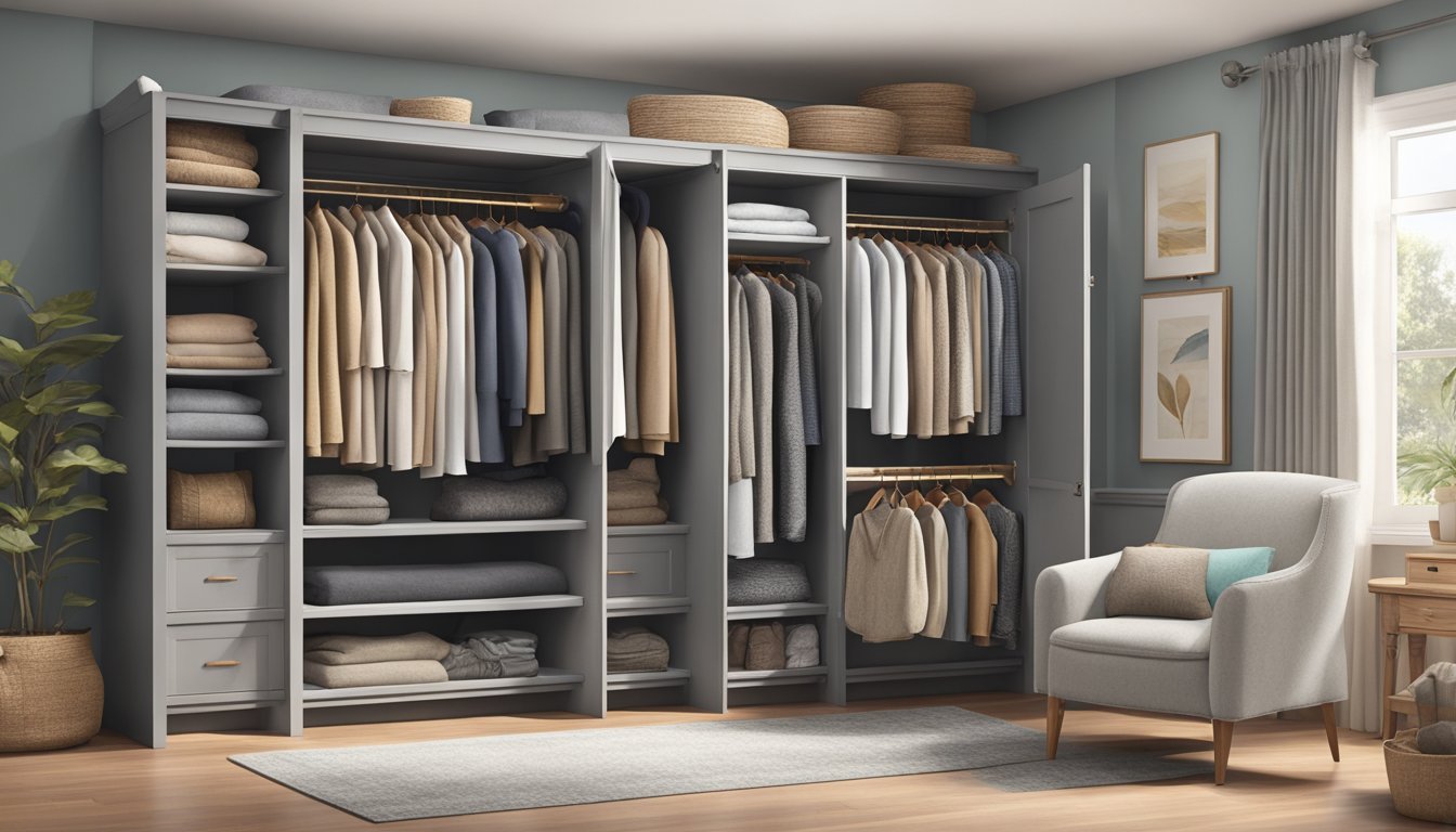 A cozy, inviting closet filled with soft, flowing fabrics in various colors and textures, offering a range of comfortable clothing options for different body shapes and sizes