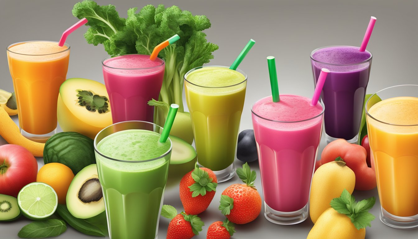 A table with six colorful smoothies surrounded by fresh fruits and vegetables