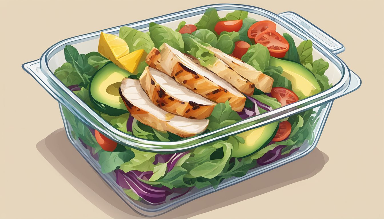 A colorful salad with grilled chicken, avocado, and mixed greens arranged neatly in a travel-friendly container