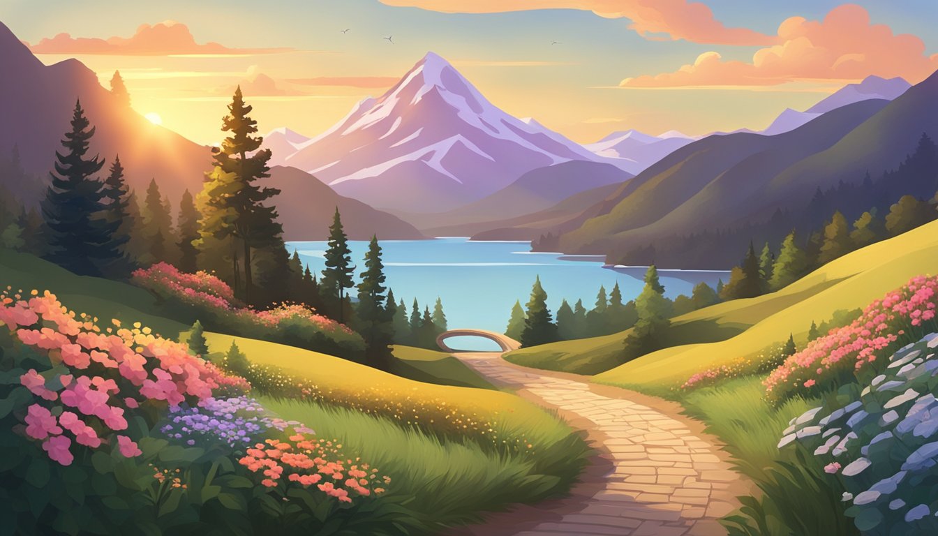 A serene mountain landscape with a winding path leading to a peaceful lake, surrounded by lush greenery and vibrant flowers. The sun is setting, casting a warm, golden glow over the scene