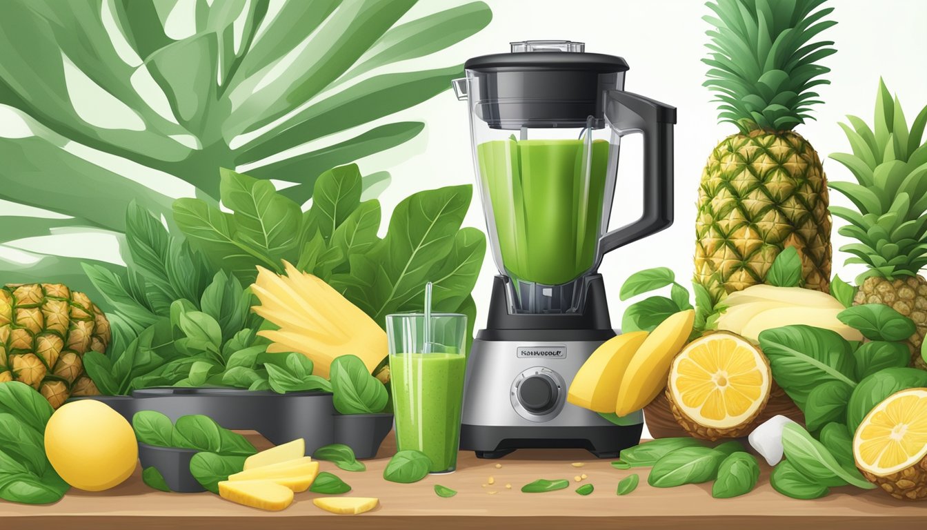 A countertop with a blender surrounded by fresh pineapples, spinach leaves, and other ingredients for smoothie recipes