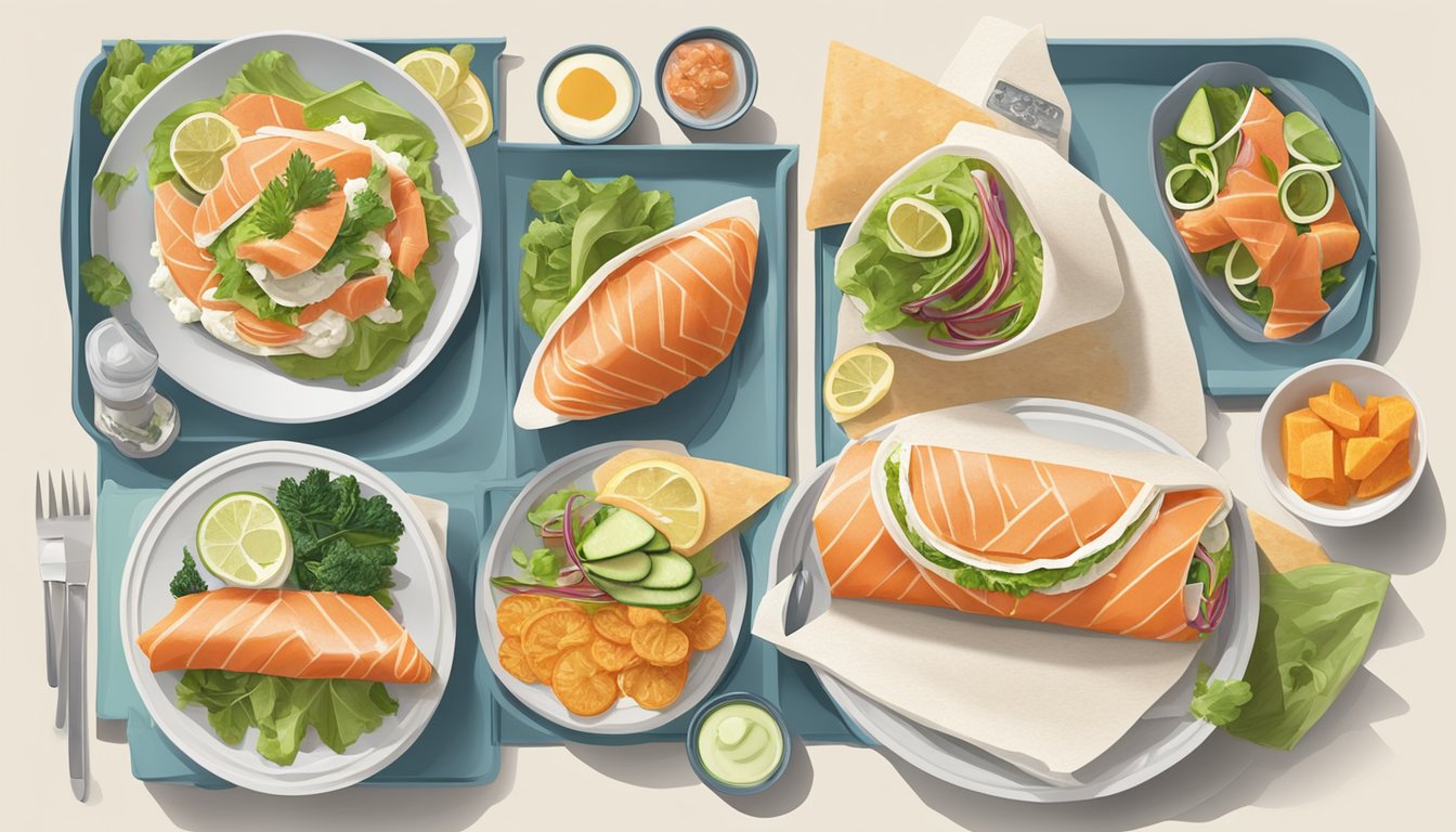 A colorful, neatly wrapped smoked salmon and cream cheese wrap sits alongside a variety of travel-friendly meal options, all arranged on a clean, modern tabletop