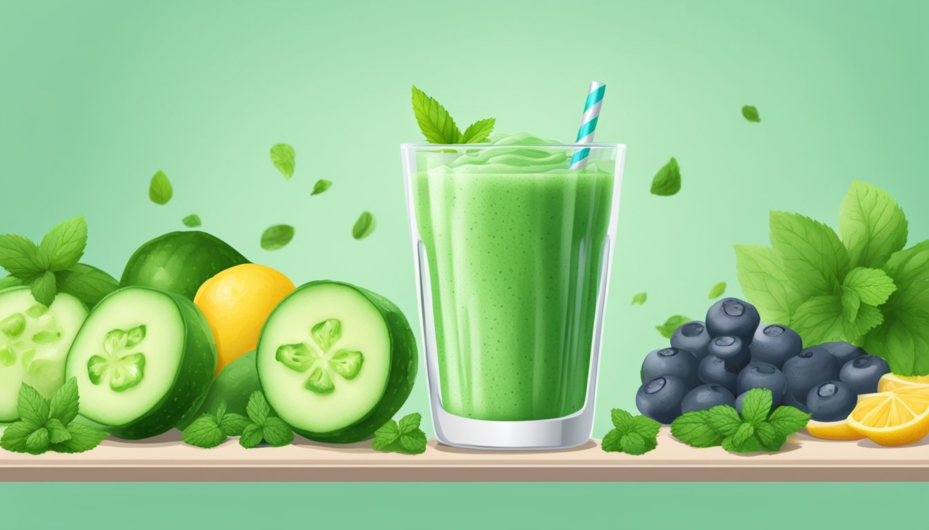 A refreshing cucumber mint smoothie being poured into a glass surrounded by fresh ingredients and a weight loss injection