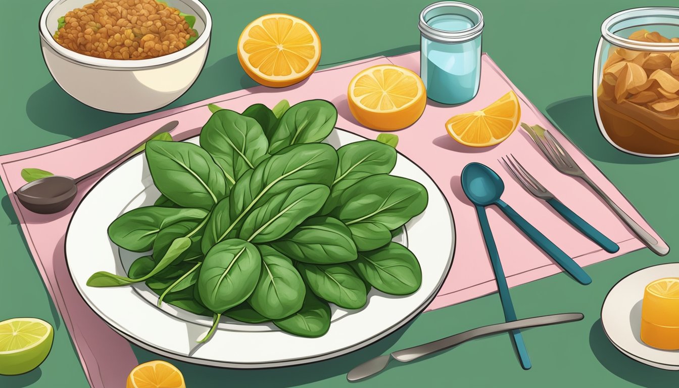 A colorful array of fresh spinach leaves and turkey slices arranged on a plate, surrounded by travel-friendly containers and utensils