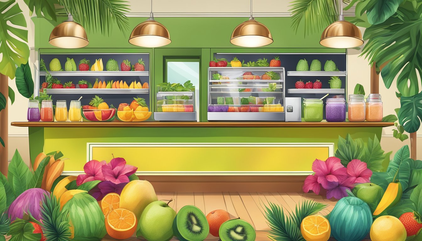 A tropical smoothie bar with six colorful, vibrant smoothies surrounded by tropical fruits and greenery