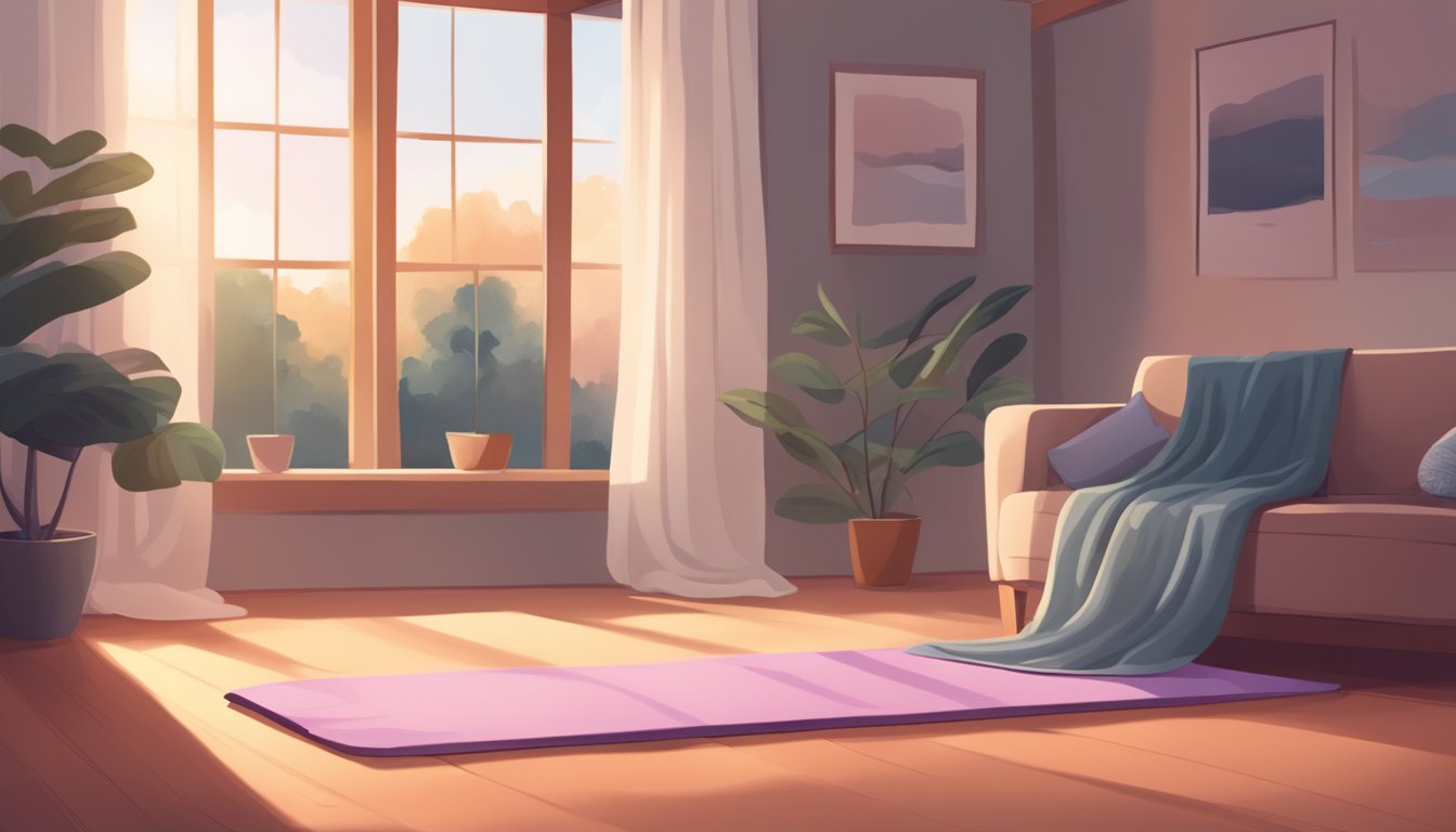 A serene, dimly lit room with a yoga mat and a cozy blanket. Soft, calming music plays in the background as the atmosphere promotes relaxation and mindfulness