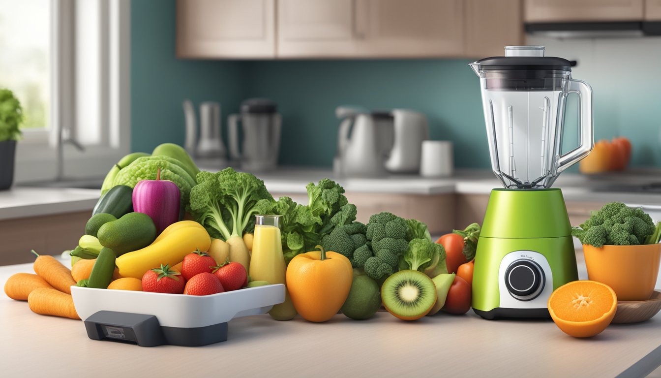 A kitchen counter with a blender, fresh fruits, and vegetables laid out, alongside a bottle of weight loss injections