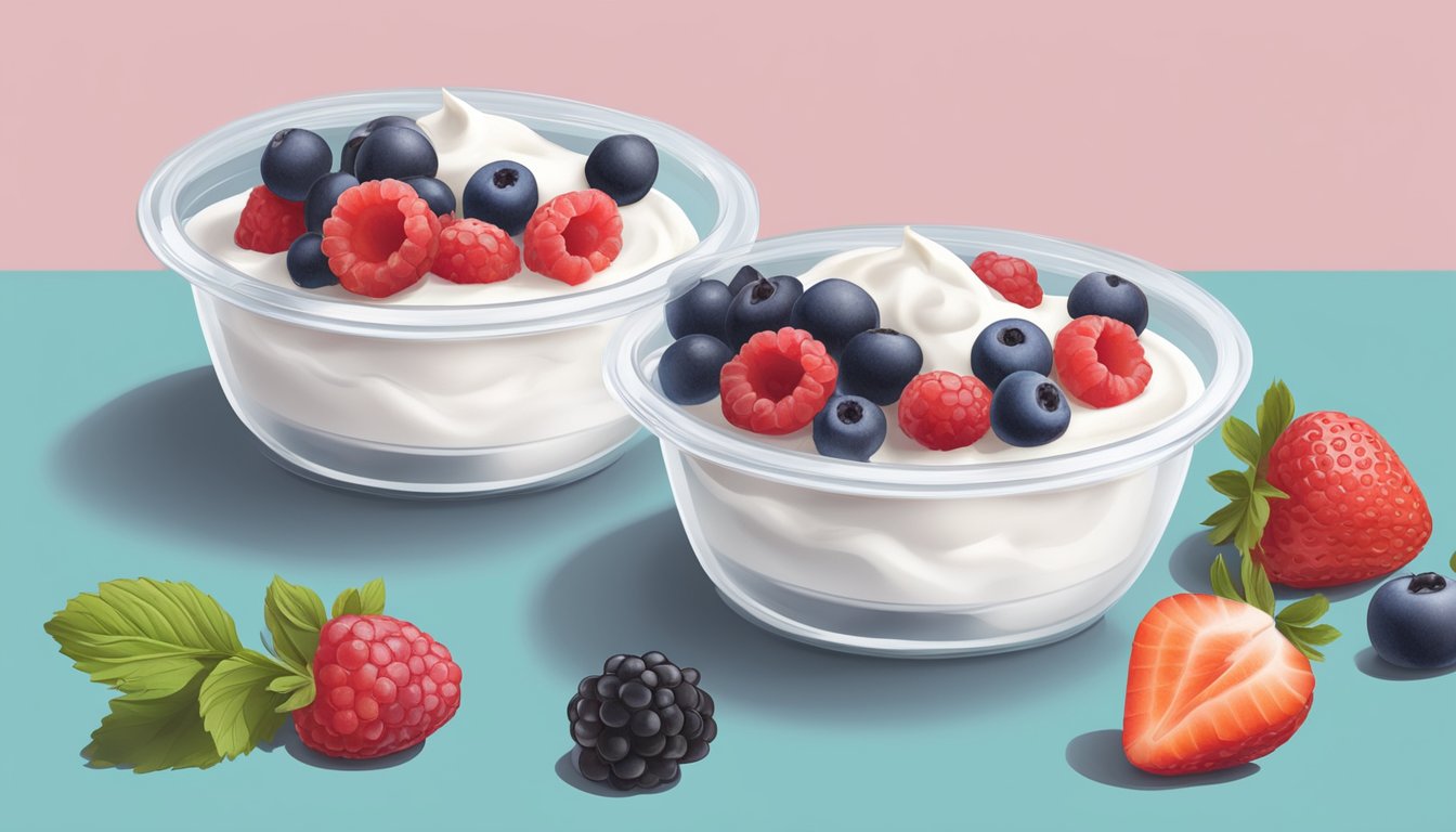 A small container of Greek yogurt topped with fresh berries, placed next to a travel-friendly meal prep container