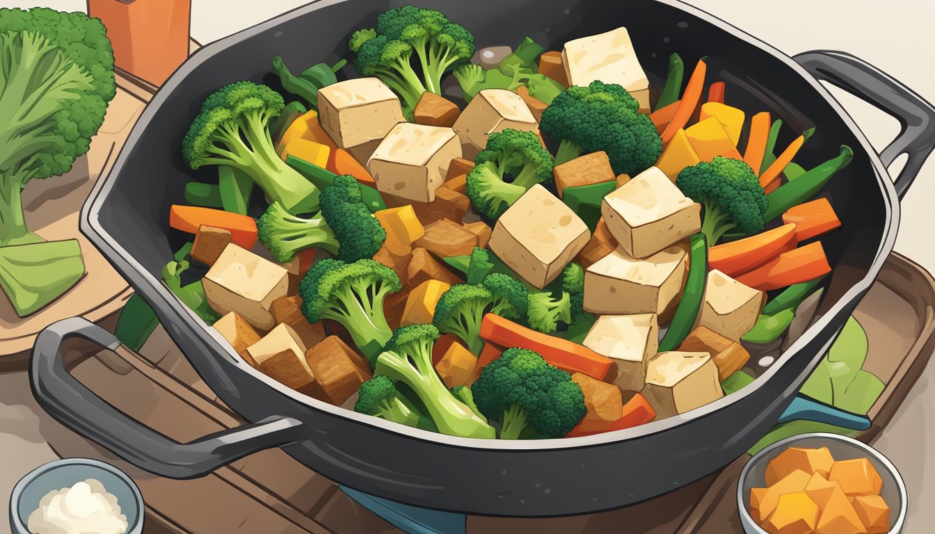 A colorful stir fry sizzling in a wok, with chunks of tofu, vibrant broccoli, and other vegetables. A stack of travel-friendly meal containers sits nearby