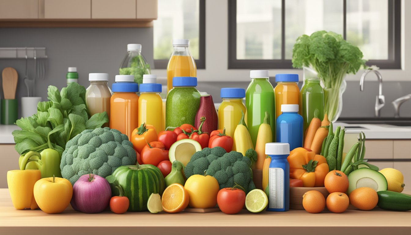 A colorful array of fresh fruits and vegetables, alongside bottles of weight loss injections, arranged on a kitchen counter