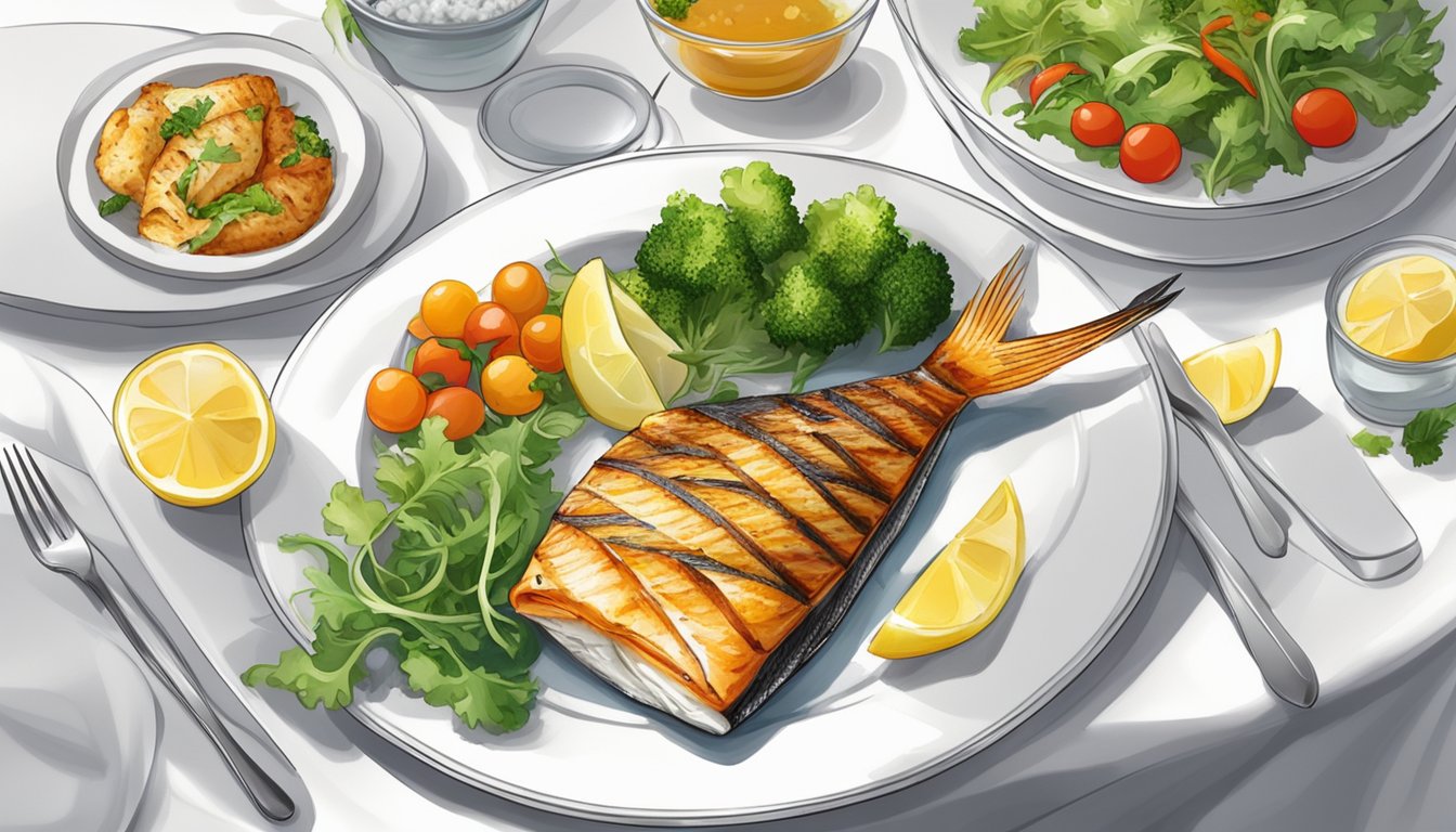 A plate with grilled fish, steamed vegetables, and a side salad on a white tablecloth