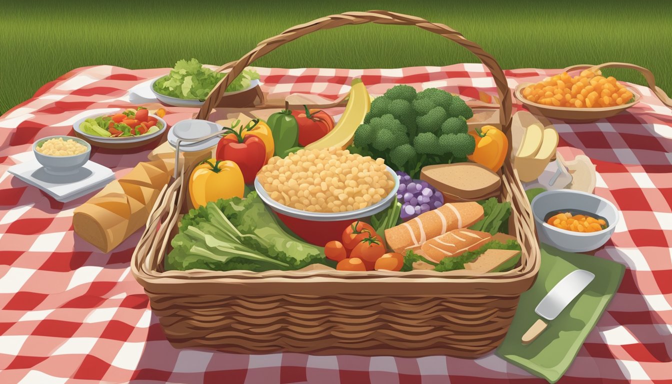 A picnic basket filled with portioned meals, including a variety of proteins, whole grains, and vegetables, arranged on a checkered blanket in a scenic outdoor setting