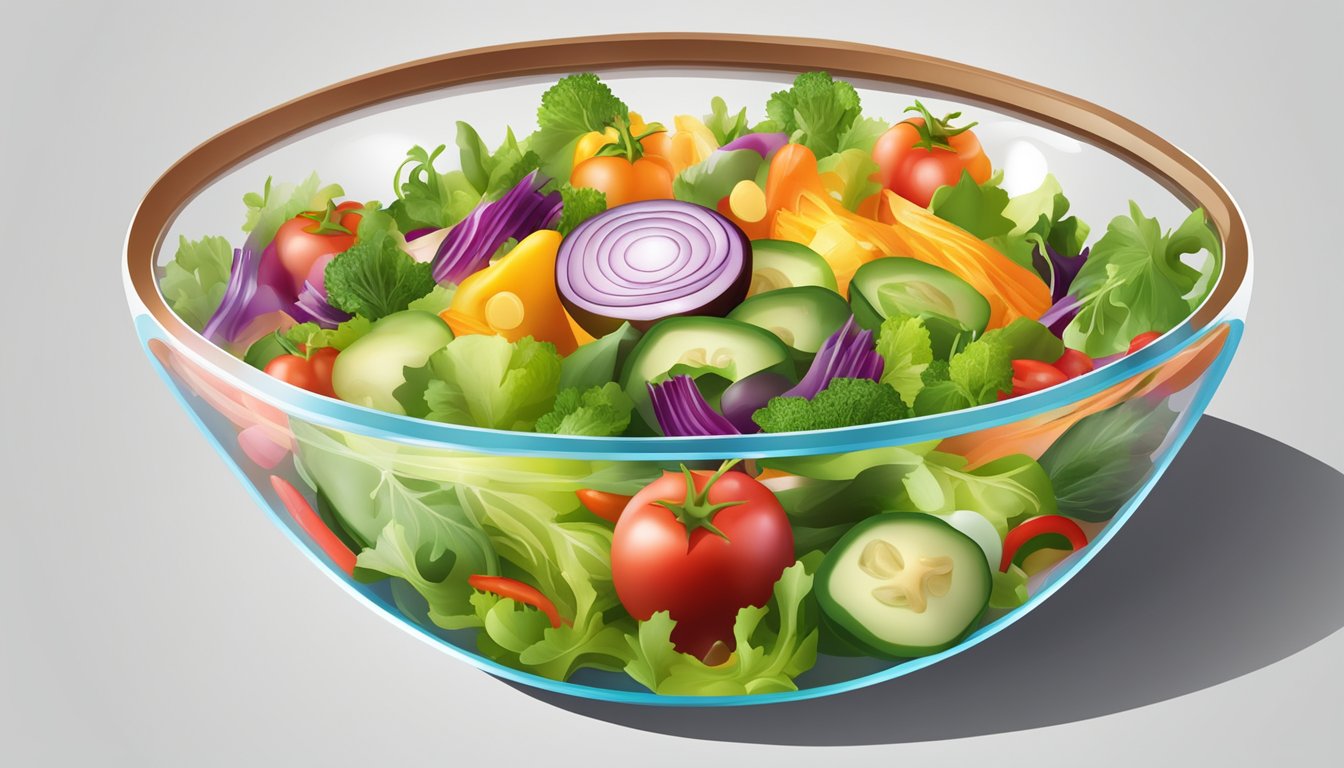 A colorful salad bowl with a variety of vegetables topped with a vinegar-based dressing